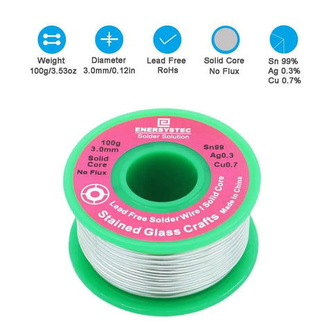3.0mm Lead Free Solder Wire For Stained Glass Crafting, Solid Core No Flux Solder For Glass Art spool with green label