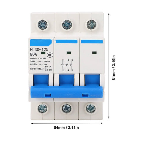 Front view of Three Pole Miniature Circuit Breaker 400V 80A Din Rail Mount for Home Office Protection Safe Electrical Isolation