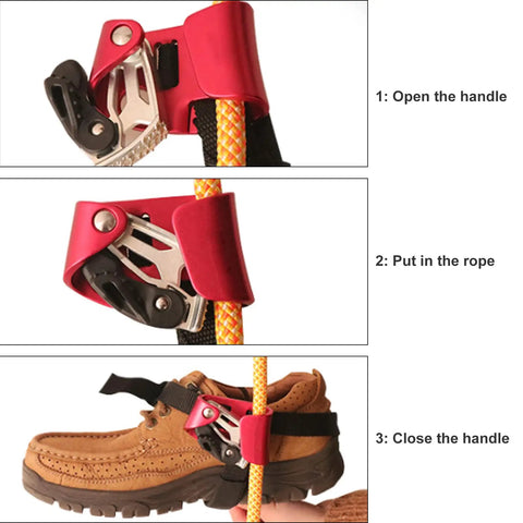 Steps to use Upgraded Foot Ascender For Rope 8-13mm Right Foot 4kN Load Orange Beast Rock Climbing Gear.