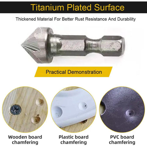 Three Pack Countersink Drill Bits With Six Flute Design And One Fourth Inch Hex Shank For Woodworking Burr Removal Hole Shaping And Trimming Plus A Ninety Degree Center Punch Set, shown with titanium plating and demonstration on wood, plastic, and PVC board.