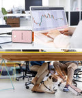 Portable Mini Space Heater For Home Office Desktop Pink With Auto Shut Off Safety on desk near laptop and under table for foot warmth
