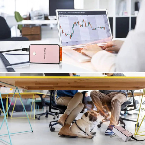 Portable Mini Space Heater For Home Office Desktop Pink With Auto Shut Off Safety on desk near laptop and under table for foot warmth