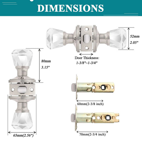 6 Pack Slick Crystal Passage Door Knobs With Faceted Diamond Glass, Satin Nickel Rosette dimensions and specifications