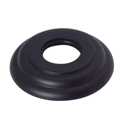 Close-up of matte black flange for One Half Inch IPS To Twelve Inch Ceiling Mounted Shower Arm With Flange Matte Black Finish Solid Brass Construction Lead Free Premium Flange Ideal For Modern Bathrooms.