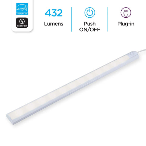 22 Inch LED Under Cabinet Light Plug In No Wiring With Built In On Off Switch Warm White 3000K 432 Lumens Plastic Housing