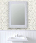 Workhorse Symmetrical Wallpaper With Pvc Free Type Ii Rating And Matte Texture Boasting Sturdy Linen Vibes For Busy Kitchens Bathrooms And Commercial Spaces Using Paste To Paper Installation. Bathroom mirror above white sink against elegant wallpaper.