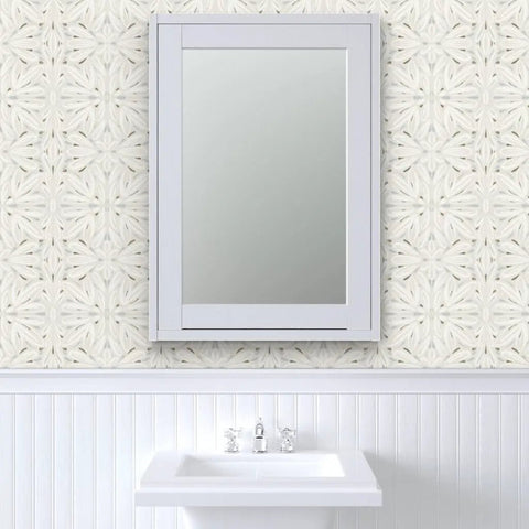 Workhorse Symmetrical Wallpaper With Pvc Free Type Ii Rating And Matte Texture Boasting Sturdy Linen Vibes For Busy Kitchens Bathrooms And Commercial Spaces Using Paste To Paper Installation. Bathroom mirror above white sink against elegant wallpaper.