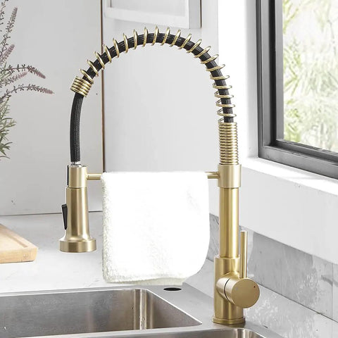 Gold 304 Stainless Steel Kitchen Faucet With Pull Down Sprayer Industrial Single Handle One Hole Mount Built To Last For Farmhouse RV Camper Laundry And Wet Bar Sinks With Brushed Gold Finish 9009K