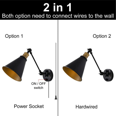 Vintage Industrial Wall Sconce Light Set of Two With Adjustable Swing Arm in Bronze Finish Plug In or Hardwire ready options.