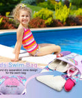 Smiling girl by pool with Mermaid Swim Bag For Kids Drawstring Backpack For Girls Beach And Pool Waterproof Wet Dry Bag visible