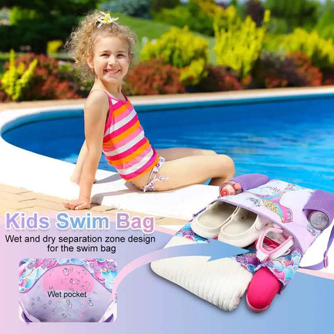 Smiling girl by pool with Mermaid Swim Bag For Kids Drawstring Backpack For Girls Beach And Pool Waterproof Wet Dry Bag visible