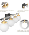 Four Light Mid Century Modern Bathroom Vanity Light Fixtures Over Mirror In Black And Gold With Milk White Glass Globes Wall Mount Vanity