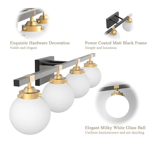 Four Light Mid Century Modern Bathroom Vanity Light Fixtures Over Mirror In Black And Gold With Milk White Glass Globes Wall Mount Vanity