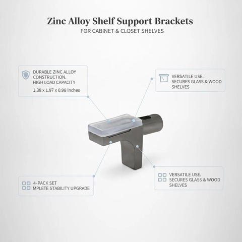 Multipurpose Zinc Alloy Shelf Supports for Glass and Wood Shelves, ultra durable cabinet hardware with measurements.