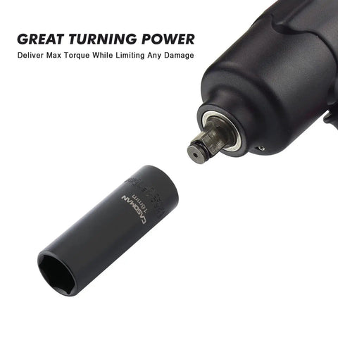 Three Eighths Inch Drive Deep Impact Socket Set With 6 Point Metric 7mm To 19mm Built Tough In CR V Chrome Vanadium shown with wrench