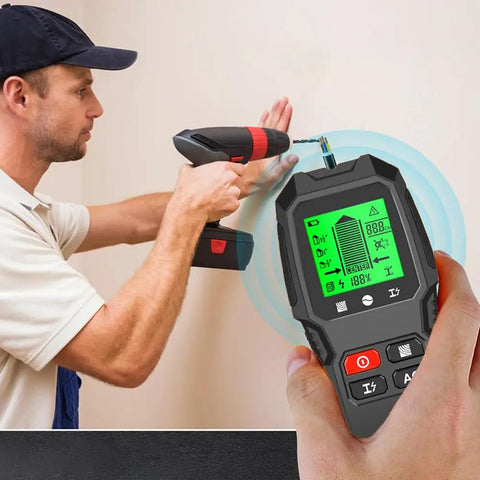 Person using 7 in 1 Smart Stud Finder Wall Scanner with LCD Display while drilling into a wall.