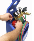KC100P Centurion Weld And Brazing Outfit With 511 Plastic Carrying Stand For Pro Grade Portable Oxyacetylene Welding And Brazing Two Tips For Brazing Up To One Inch Copper Tubing And Welding Up To One Eighth Inch Steel, Single Stage Regulators, blue stand with cylinders