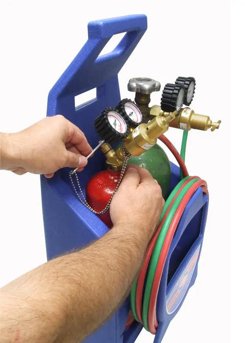 KC100P Centurion Weld And Brazing Outfit With 511 Plastic Carrying Stand For Pro Grade Portable Oxyacetylene Welding And Brazing Two Tips For Brazing Up To One Inch Copper Tubing And Welding Up To One Eighth Inch Steel, Single Stage Regulators, blue stand with cylinders