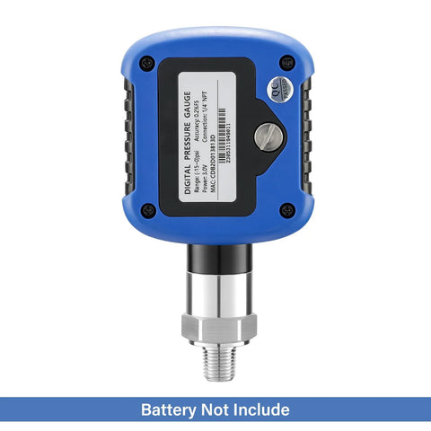 Blue digital pressure gauge with 1/4'' NPT stainless steel connection; battery not included