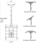 Diagram of rustic pendant light fixtures for farmhouse kitchen and entryway showing adjustable chain and ceiling compatibility features.
