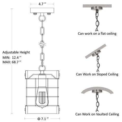Diagram of rustic pendant light fixtures for farmhouse kitchen and entryway showing adjustable chain and ceiling compatibility features.