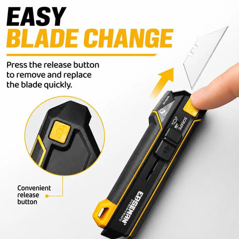 3 In 1 Handy Utility Scraper Tool With Retractable Knife 90 Degree Rotating Head Four Locking Positions Includes 10 Replacement Blades Built For Quick Paint Removal Label Residue Putty And Adhesive Cleanup, blade change button