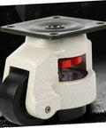 Beefy Heavy Duty GD-80F Leveling Transport Casters With Adjustable Plate 500 Kg Load Per Wheel Swivel Workbench Wheels For Industrial Carts Equipment Stands Printers Copiers And More close-up, white metal leveling caster with black wheel