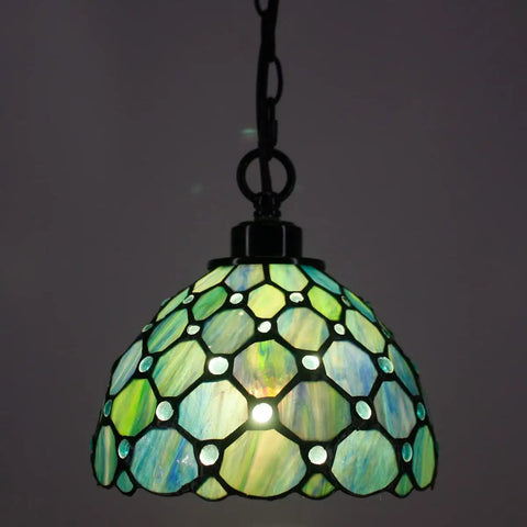 Sea Blue Pearl Tiffany Style Pendant Light Plug In Stained Glass Swag Lamp 8x8x181 Inch Hanging Lamp With 180 Inch Cord UL Listed Bulbs Not Included Perfect For Dining Room And Living Room