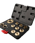 Badass 11 Piece Brass Router Guide Bushing Kit With Eight Sizes Lock Nuts And Template Adapter, brass bushings in case.