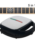 5 in 1 Electric Waffle Maker With Non Stick Coating For Quick Cooking Of Donuts Cake And Panini Presses showing compact design and removable plates.