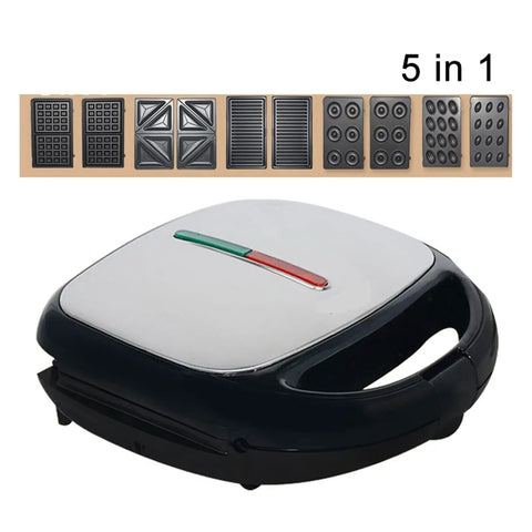 5 in 1 Electric Waffle Maker With Non Stick Coating For Quick Cooking Of Donuts Cake And Panini Presses showing compact design and removable plates.