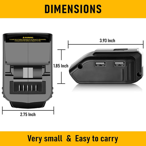 Dewalt 20V USB Battery Adapter Charger dimensions with dual USB ports visible, showing size measurements for portability.