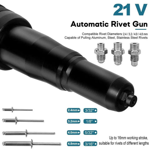 Professional Heavy Duty Cordless Rivet Gun With Ergonomic Handle for Hassle Free Rivnut Setup, 21V, automatic rivet gun with sizes.