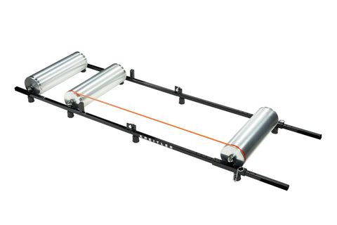 Kat 1 Indoor Roller Training Station for Cyclists, showing foldable steel frame with 4.5 alloy rollers, wheelbase adjustable
