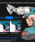 Powerful Cordless Electric Metal Shears With Swivel Head For Cutting Stainless Steel Iron Sheet Metal And Carpet Variable Speed Settings battery pack and trigger in use