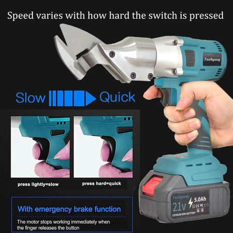 Powerful Cordless Electric Metal Shears With Swivel Head For Cutting Stainless Steel Iron Sheet Metal And Carpet Variable Speed Settings battery pack and trigger in use