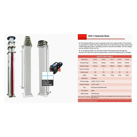 Electric Hydraulic Telescopic Mast Aluminum Push Up Antenna Pole with details on specifications and sections for use in broadcasting.
