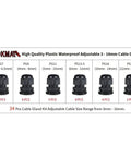 34 Pack IP68 Waterproof Cable Gland Kit with adjustable connectors and gaskets in PG7 to PG19 sizes for weatherproof projects.