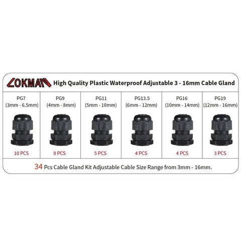 34 Pack IP68 Waterproof Cable Gland Kit with adjustable connectors and gaskets in PG7 to PG19 sizes for weatherproof projects.