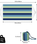 Extra Long And Wide Double Hammock For Travel Camping Backyard Porch Or Indoor Use With Carrying Pouch Included Blue Green Stripes Ultra Comfy Cotton Weave 142 By 63 Inches Overall And 94 By 63 Inch Bed shown with dimensions
