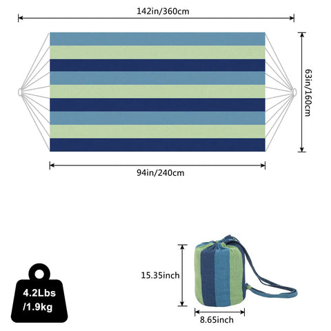 Extra Long And Wide Double Hammock For Travel Camping Backyard Porch Or Indoor Use With Carrying Pouch Included Blue Green Stripes Ultra Comfy Cotton Weave 142 By 63 Inches Overall And 94 By 63 Inch Bed shown with dimensions