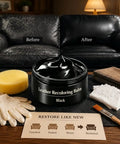 No Brainer Black Leather Recoloring Balm Kit with sponge, gloves, and instructions on restoring leather upholstery.