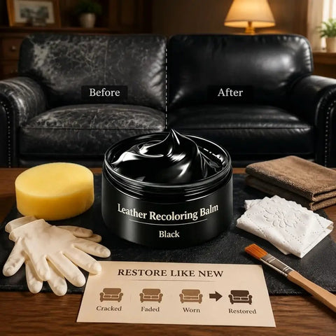 No Brainer Black Leather Recoloring Balm Kit with sponge, gloves, and instructions on restoring leather upholstery.