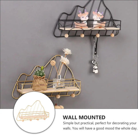 Golden Wall Mount Storage Rack With Heavy Duty Iron And Wood, Slick Hook Organizer For Kitchen Bedroom, Straight Up Keeps Your Space Tight, Zero Clutter Daily Essentials Shelf Holder with decorative items.