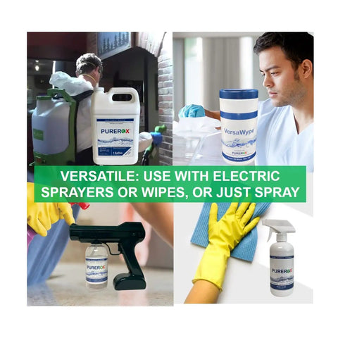 One Gallon Hypochlorous Disinfectant That Kicks 99.9999 Percent Of Viruses In Sixty Seconds No Residue No Rinse Safe On All Surfaces EPA List N Hospital Grade Odor And Allergen Elimination Great For Home Office And Healthcare product with sprayers and wipes shown.