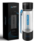 Hydrogen Water Generator Bottle With Dual Chamber SPE PEM Tech, 4000mAh Battery, box, and clear bottle with black cap.