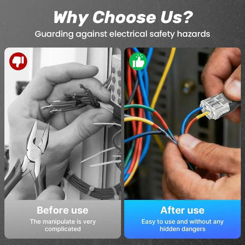 Before and after using Top Shelf Double Wire Connectors With Locking Buckle for safe electrical wiring and easy installation.
