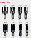 Solid 8 Piece Wood Plug Cutter Drill Bit Set Featuring Barrel And Claw Tips 1/4 3/8 1/2 And 5/8 Inch Sizes 1/4 Inch Hex Shank product size chart
