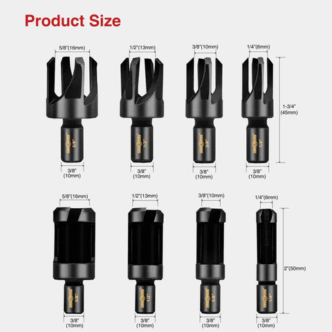 Solid 8 Piece Wood Plug Cutter Drill Bit Set Featuring Barrel And Claw Tips 1/4 3/8 1/2 And 5/8 Inch Sizes 1/4 Inch Hex Shank product size chart