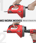Heavy Duty 23 Ft Drain Auger Snake With Drill Adapter And Gloves, showing manual and electric power modes in use